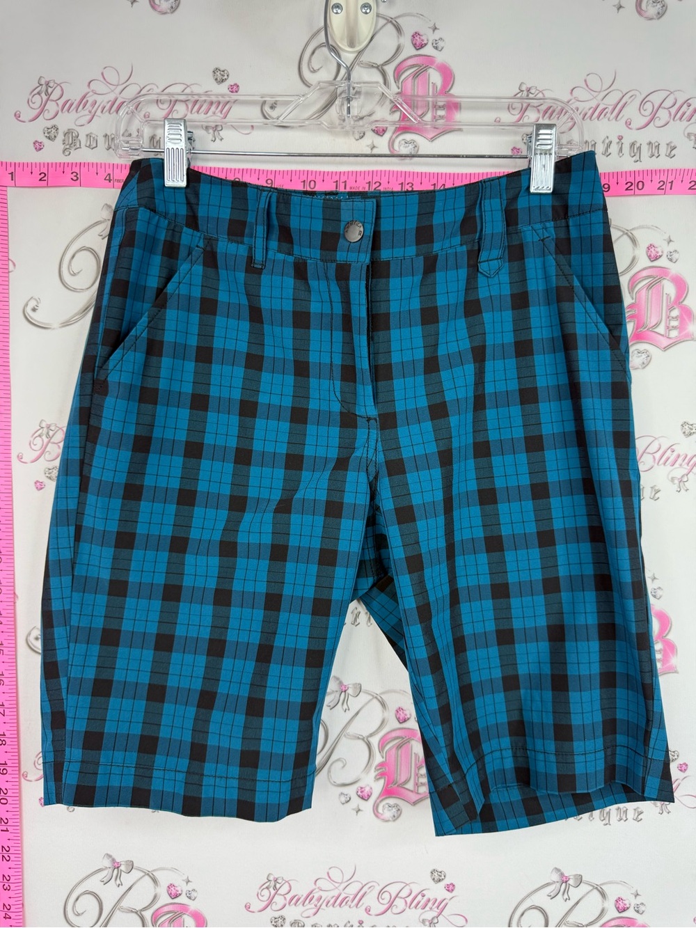 ANNIKA shorts Plaid Bermuda Shorts in Teal and Black